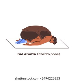 Tutorial of Balahasana. Athlete practices Child's pose, lying on mat. Sportsman training, relaxes in yoga posture, asana. Young man does sport exercise. Flat isolated vector illustration on white