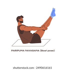 Tutorial of Boat pose side view. Sportsman in sportswear practices balance in yoga posture. Young man training asana, sport exercises in workout. Flat isolated vector illustration on white background