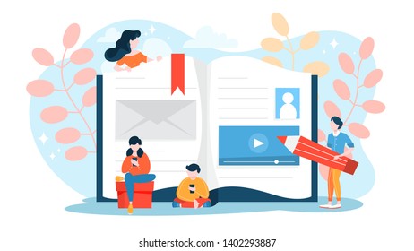 Tutorial book concept. Idea of distance education and training. Digital knowledge. E-learning, modern technology. Isolated vector illustration in cartoon style