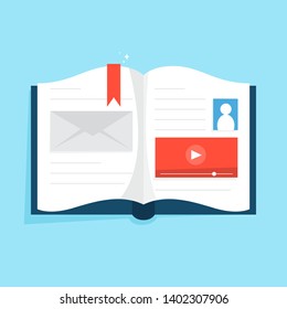 Tutorial book concept. Idea of distance education and training. Digital knowledge. Isolated vector illustration in cartoon style