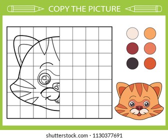 Tutorial drawing cute cat. Coloring with drawing lesson. Repaint the picture using grid lines. Copy the picture for children. Kids drawing art game. Vector activity page for book. Hobby courses. 