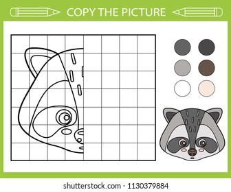 Tutorial drawing cute raccoon. Coloring with drawing lesson. Repaint the picture using grid lines. Copy the picture for children. Kids drawing art game. Vector activity page for book. Hobby courses. 