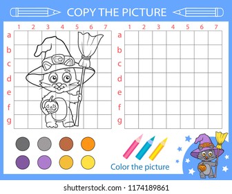 Tutorial drawing cute witch cat. Halloween coloring with drawing lesson. Repaint the picture using grid lines. Copy the picture for children. Kids drawing art game. Vector activity page for book. 