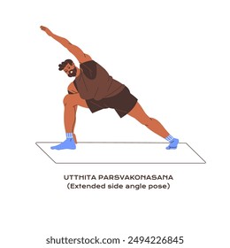 Tutorial of Extended side angle pose. Athlete practices yoga asana, posture. Young man stretches on sport training. Sportsman does exercise on workout. Flat isolated vector illustration on white