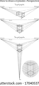 Tutorial hand-drawn illustration.  How to draw a Cylinder. Two-point and Three-point Perspective. 