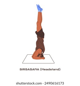 Tutorial of Headstand side view. Sportsman practices balance in handstand yoga posture. Young man training upside down asana, sport exercises. Flat isolated vector illustration on white background