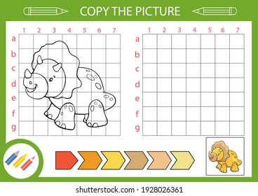 Tutorial how draw a dinosaur. Connect drawing. Copy the picture using grid. Activity page for book. Coloring page. Drawing lessons. Children funny education riddle. Vector illustration.