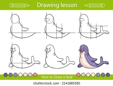 Tutorial how to draw a seal. Drawing lesson step by step. Educations drawing worksheet and activity page. Children art vector illustration.