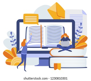 Tutorial infographic, e-learning research, university exam, college research,online education, e-book, online courses concept. Peoples teaching course or seminar for students. Vector Illustration