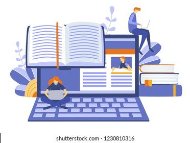 Tutorial infographic, e-learning research, university exam, college research,online education, e-book, online courses concept. Peoples teaching course or seminar for students. Vector Illustration