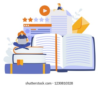 Tutorial infographic, e-learning research, university exam, college research,online education, e-book, online courses concept. Peoples teaching course or seminar for students. Vector Illustration