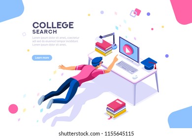 Tutorial Infographic, Graduation, E-learning Research, University Exam, College Research, Online Courses Concept. Character Teaching Course Or Seminar For Students In The World. Flat Isometric Vector.