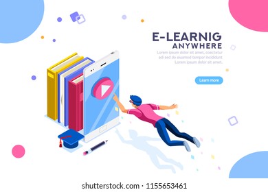 Tutorial Infographic, Graduation, E-learning Research, University Exam, College Research, Online Courses Concept. Character Teaching Course Or Seminar For Students In The World. Flat Isometric Vector.