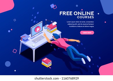 Tutorial infographic, graduation, e-learning research, university exam, college research, online courses concept. Character teaching course or seminar for students in the world. Flat isometric vector.