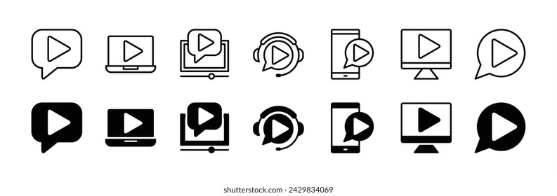 Tutorial and learning icon set. Containing lesson watching video guide support, online course, streaming via mobile device, sound recording. Vector illustration