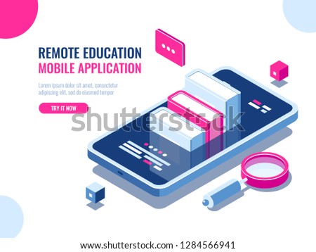 Tutorial on mobile phone application, online education, internet course, data searching, archive ebook cartoon flat vector illustration