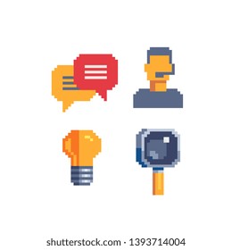 Tutorial, online education e-learning  pixel art icons set. Design for stickers,  web, logo, mobile app. Distance learning specialty. Isolated vector illustration.
