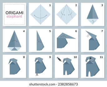 Tutorial origami scheme with elephant. isolated origami elements on grey backdrop. Origami for kids. Step by step how to make origami elephant. Vector illustration.