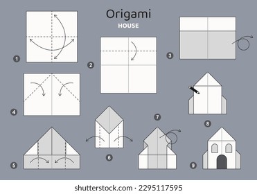 Tutorial origami scheme with house. isolated origami elements on grey backdrop. Origami for kids. Step by step how to make origami house. Vector illustration.