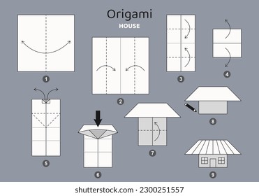 Tutorial origami scheme with small house. isolated origami elements on grey backdrop. Origami for kids. Step by step how to make origami house. Vector illustration.