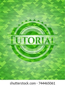 Tutorial realistic green emblem. Mosaic background