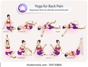 Tutorial Of A Set Of Female Figures Complex Visual Sequence Of Yoga Exercises For Back Pain.