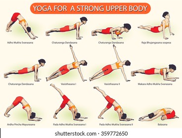 Tutorial of a set of female figures, complex visual sequence of yoga exercises for a strong upper body.