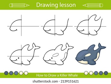 Tutorial step by step how to draw a killer whale? Drawing lesson. Educations drawing worksheet and activity page. Children art vector illustration.