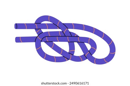 Tutorial of tieing running bowline. Technique of marine bond of rope. Braided knot closeup. Climbing node of cord. Belaying cordage bundle. Flat isolated vector illustration on white background