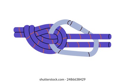 Tutorial of upward overhand knot with carabiner. Technique of tying cord bundle with carabine. Marine bond closeup. Belaying rope node, cordage. Flat isolated vector illustration on white background