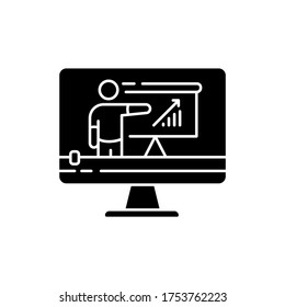 Tutorial video black glyph icon. Internet course watching. Online teaching. Digital lesson. Business analytics lesson. Distance learning. Silhouette symbol on white space. Vector isolated illustration