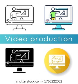 Tutorial video icon. Internet course watching. Online teaching. Digital lesson. Business analytics lesson. Distance learning. Linear black and RGB color styles. Isolated vector illustrations