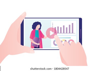 Tutorial video on topic of business or improving statistics. Cute woman filmed webinar or training video on channel. Hand holds smartphone with media content or stream on screen. Vector illustration