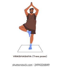 Tutorial of Vrikshasana. Athlete practices balance in tree pose. Sportsman training in yoga posture, asana. Young man does sport exercise on mat. Flat isolated vector illustration on white background