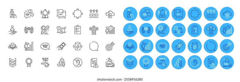 Tutorials, Checklist and Brand line icons pack. Puzzle, Quickstart guide, Justice scales web icon. Graph chart, Phone payment, Fake news pictogram. No hearing, Charge battery, Recruitment. Vector