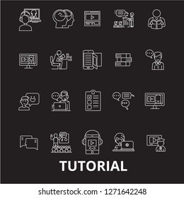 Tutorials editable line icons vector set on black background. Tutorials white outline illustrations, signs, symbols