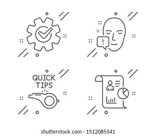Tutorials, Face attention and Cogwheel line icons set. Report sign. Quick tips, Exclamation mark, Engineering tool. Work statistics. Science set. Line tutorials outline icon. Vector