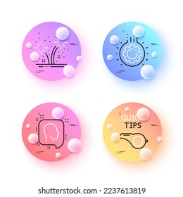 Tutorials, Gear and Head minimal line icons. 3d spheres or balls buttons. Fireworks icons. For web, application, printing. Quick tips, Work process, Profile messages. Pyrotechnic salute. Vector