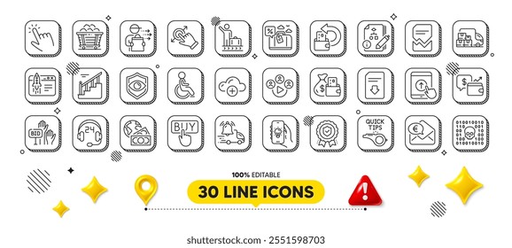 Tutorials, Insurance medal and Change money line icons pack. 3d design elements. Eye detect, Swipe up, Cursor web icon. Video conference, Algorithm, Luggage belt pictogram. Vector