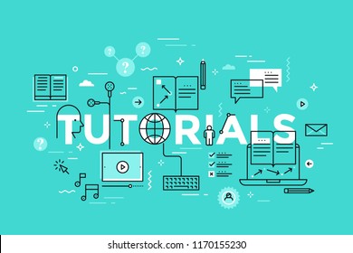 Tutorials lettering with online education, audio and video lesson, lecture or podcast, internet learning thin line icons. Modern infographic banner with elements in linear style. Vector illustration.