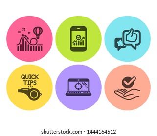 Tutorials, Seo laptop and Like icons simple set. Roller coaster, Smartphone statistics and Approved signs. Quick tips, Search engine. Technology set. Flat tutorials icon. Circle button. Vector