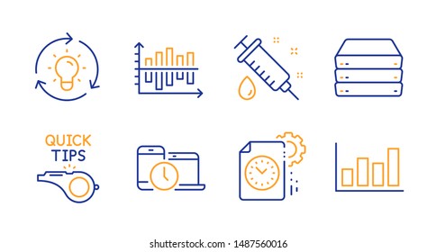 Tutorials, Time management and Servers line icons set. Idea, Diagram chart and Medical syringe signs. Project deadline, Report diagram symbols. Quick tips, Laptop device. Science set. Vector