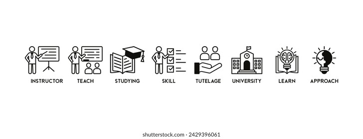 Tutoring Banner Web-Icon Vektor Illustration Konzept mit Icon des Lehrers, lehren, studieren, Fähigkeit, Anleitung, Universität, lernen und Ansatz auf weißem Hintergrund