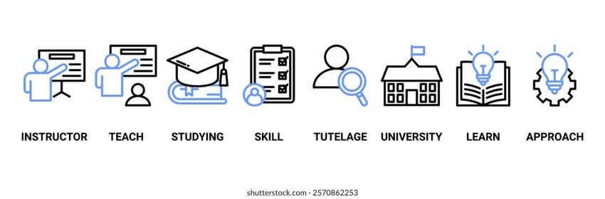 Tutoring banner web icon vector illustration concept with icon of instructor, teach, studying, skill, tutelage, university, learn and approach	