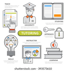 Tutoring design concept, flat line design elements of  teach, studying, university, skills, instructor, learning, approach, coaching, qualification, graduation. Illustration, Infographic template.