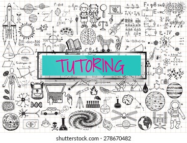 Tutoring doodle with 3d transparent frame with the word TUTORING.