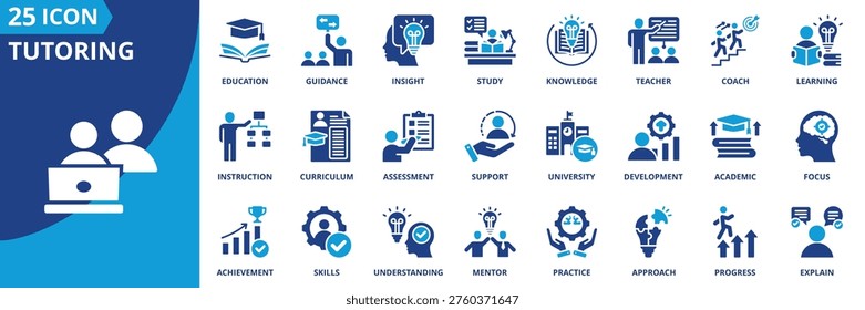 tutoring icon set collection in solid glyph dual color style. pack contain mentor, coach, guidance, teacher, lesson, study, learning, education, academic, knowledge icon