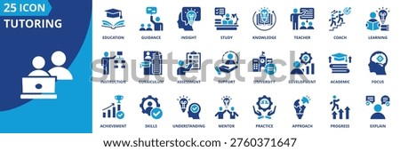 tutoring icon set collection in solid glyph dual color style. pack contain mentor, coach, guidance, teacher, lesson, study, learning, education, academic, knowledge icon