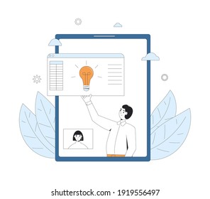 Tutoring or individual training. Personal online education. Digital learning. Young male  teacher and female student talking to each other. Internet webinar or lecture. Vector illustration.