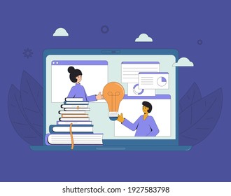 Tutoring or individual training. Personal online education. Digital learning. Female teacher and student talking to each other on computer screen. Internet webinar or  lecture. Vector illustration.